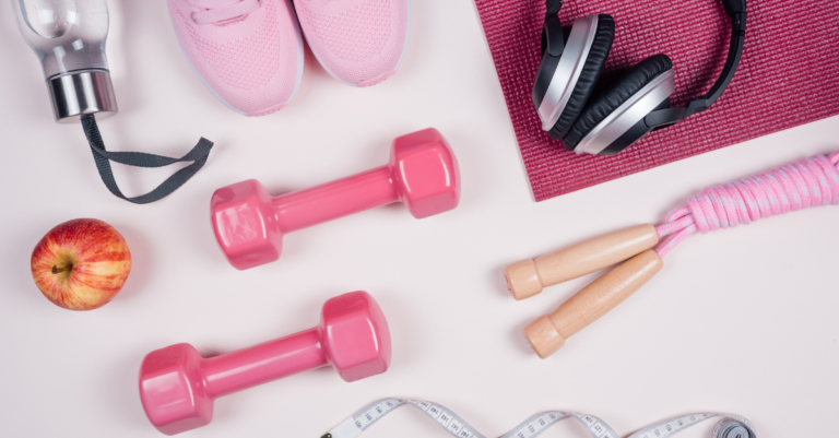 Illustration of women work out gear, apple, yoga mat