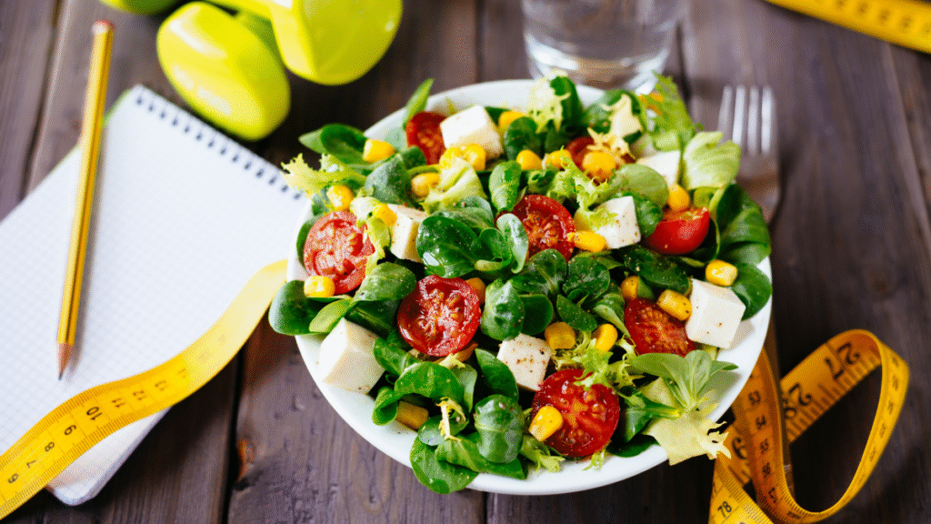 Illustration showing a healthy salad and dumbbells