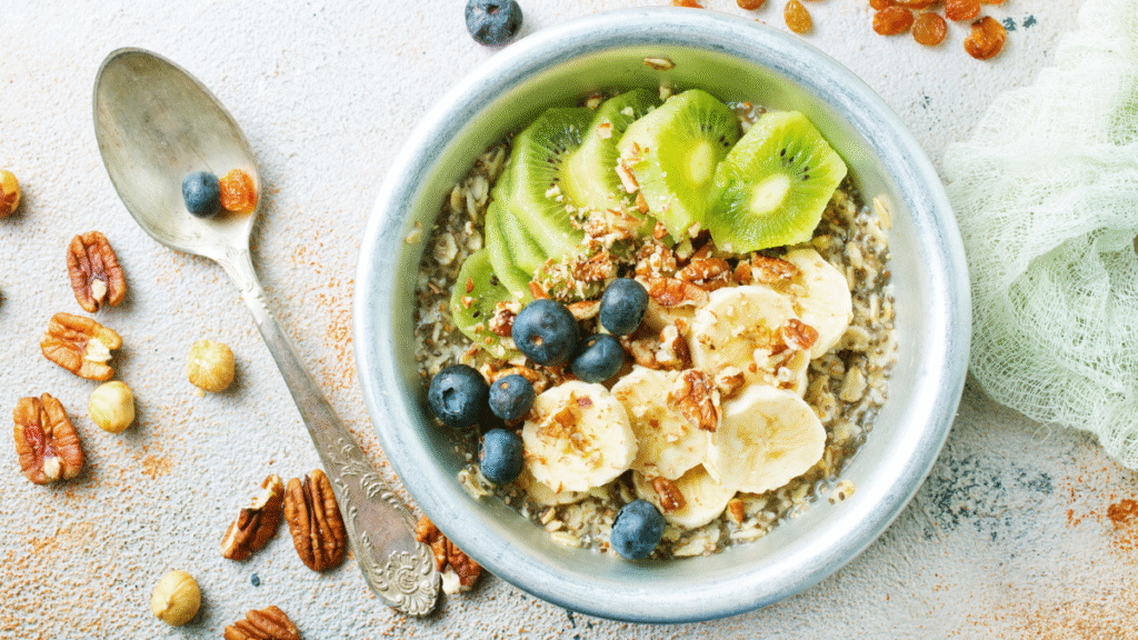 A delicious and nutritious Healthy GLP-1 fiber-rich breakfast of oats, berries, and seeds to keep you full.